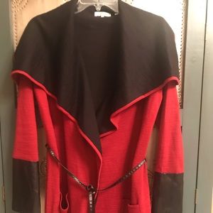 AVA Red & Black Faux Leather Wrap Sweater Coat S/P